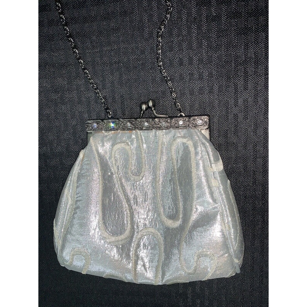 Purse Evening Bag Vintage Silver Embroidered Rhinestones Prom Wedding Formal - Picture 11 of 16